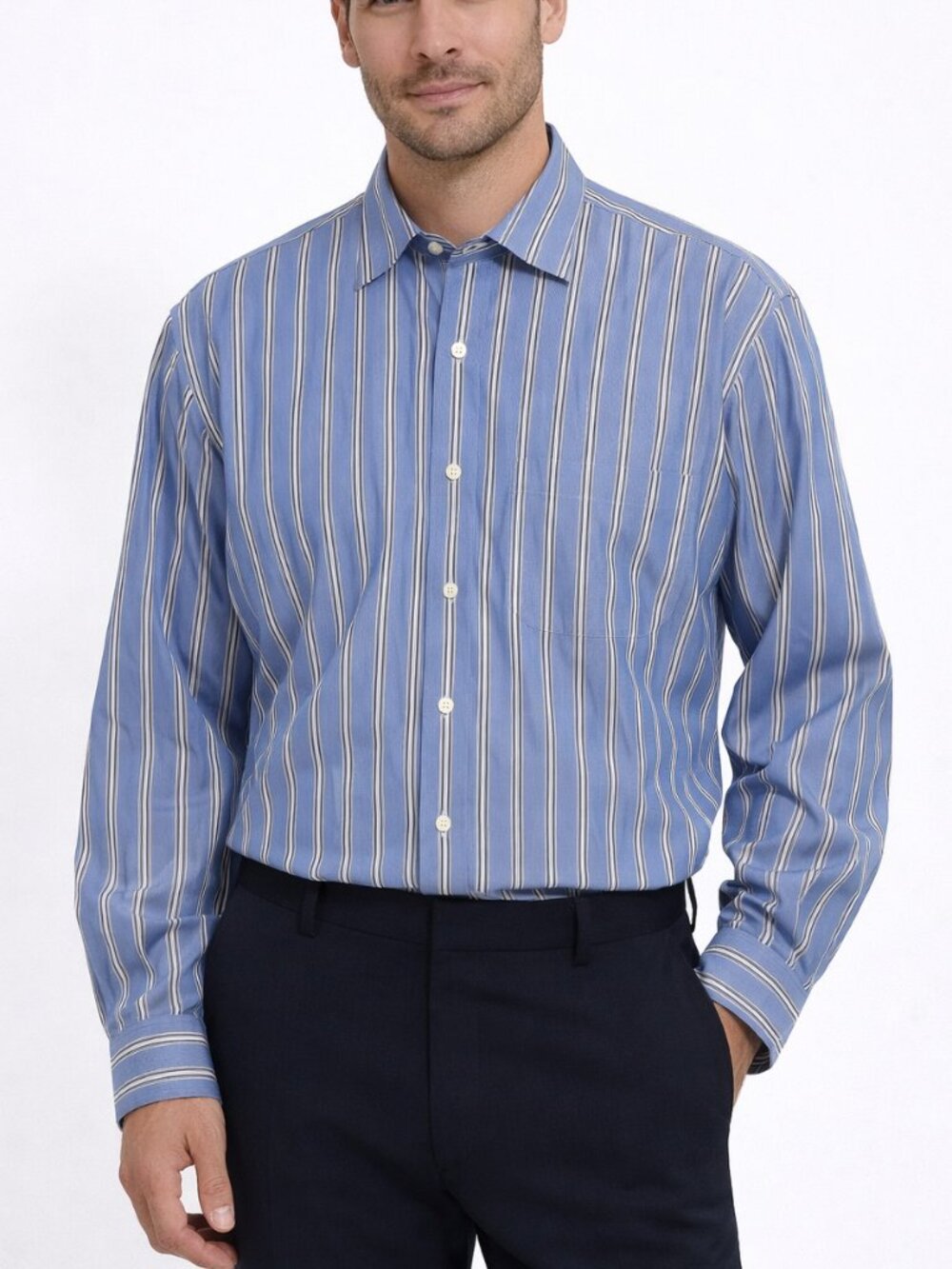 Saks Fifth Avenue Men Blue Striped Button Down Shirt Cotton Classic Large Preppy